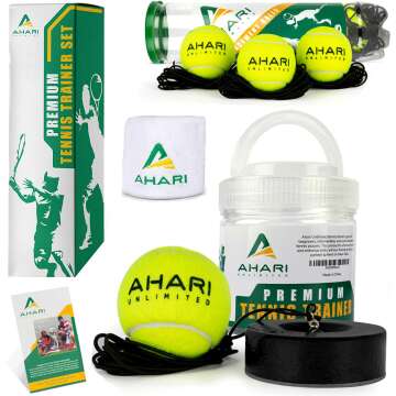 Ahari Unlimited Premium Tennis Trainer Set, Pro Tennis Rebounder with Metal Base in a Carrying Cylinder, 3 Replacement Rebound Balls, & Wristband, Portable Tennis Practice Equipment for Solo Training