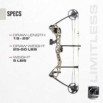 Bear Archery Limitless Dual Cam Compound Bow - Includes Quiver, Sight and Rest, God's Country