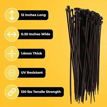 12 Inch Zip Ties Heavy Duty by Strong Ties - 150 Cable Ties Per Pack - Black Zip Ties 120lb Tensile Strength - All Weather UV Resistant, Indoor or Outdoor