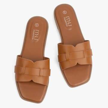 MUSSHOE Fashion Flat Summer Sandals for Women 2024-Tan Sandals Women,Comfortable Leather Slides, Dressy Beach Footwear Cute Memory Foam Mules Braided Open Toe Design