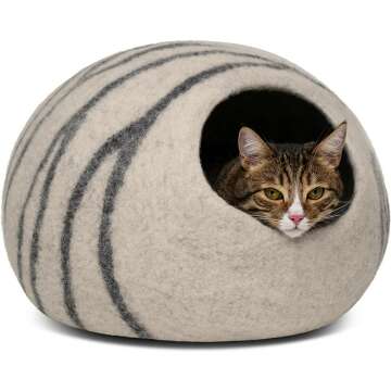 MEOWFIA Premium Felt Cat Bed Cave - Handmade 100% Merino Wool Bed for Cats and Kittens (Light Shades) (Medium, Smoky Pearl)
