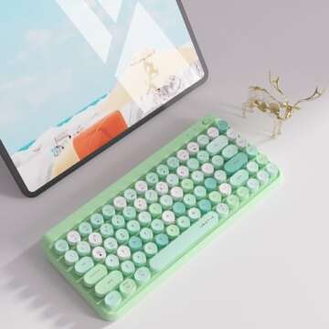 UBOTIE Portable Bluetooth Colorful Computer Keyboards, Wireless Mini Compact Retro Typewriter Flexible 84Keys Design Keyboard (Green-Colorful)