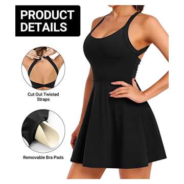 Women Tennis Golf Dress with Built-in Shorts and Bra-Workout Athletic Activewear for Exercise Black