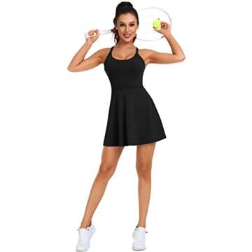 Women Tennis Golf Dress with Built-in Shorts and Bra-Workout Athletic Activewear for Exercise Black