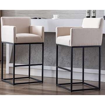 VESCASA Linen 31”H Bar Height Bar Stools with Arms, Upholstered Bar Stools with 12.5" H Padded Back, Modern Bar Chairs with Black Metal Frame for Kitchen Island, Set of 4, Cream