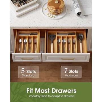 AUJEN Bamboo Silverware Organizer - Expandable Drawer Organizer, Adjustable Utensil Organizer, Kitchen Cutlery Drawer Organizer, Kitchen Organizers and Storage Holder for Flatware, 5-7 Slots, Natural