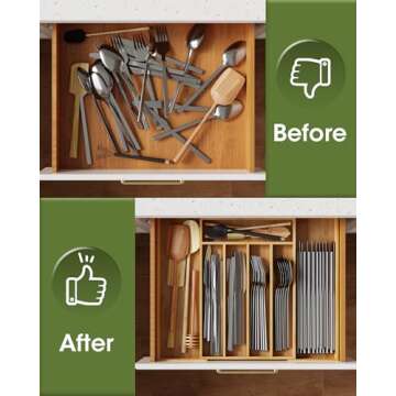 AUJEN Bamboo Silverware Organizer - Expandable Drawer Organizer, Adjustable Utensil Organizer, Kitchen Cutlery Drawer Organizer, Kitchen Organizers and Storage Holder for Flatware, 5-7 Slots, Natural