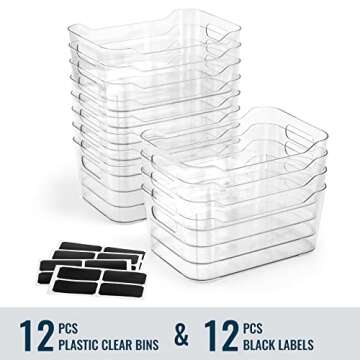 12 PACK Multi-Use Clear Plastic Storage Bins for Organizing w/ Labels - Home, Kitchen, Bathroom, Office, Pantry Cabinet Shelf Organizer Bins - SOHO Collection, RV, Fridge Organization Containers