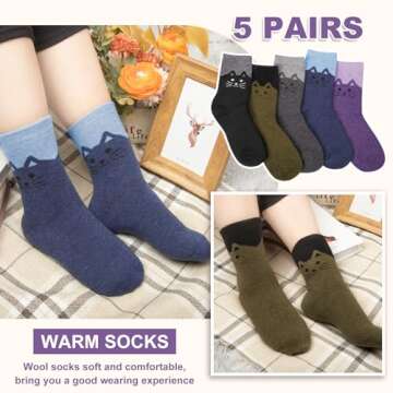 Justay 5 Pairs Womens Wool Socks Thick Warm Winter Socks Casual Cozy Socks Vintage Knit Crew Socks Gift for Women