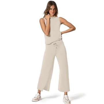 SAMPEEL Lounge Set for Women 2 Piece Spring Outfits 2024 Travel Clothing Summer Business Casual Outfits Sleeveless Wide Leg Crop Pants Sets Matching Sets Women Clothing Khaki S