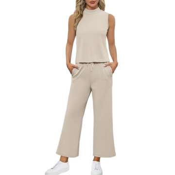 SAMPEEL Lounge Set for Women 2 Piece Spring Outfits 2024 Travel Clothing Summer Business Casual Outfits Sleeveless Wide Leg Crop Pants Sets Matching Sets Women Clothing Khaki S