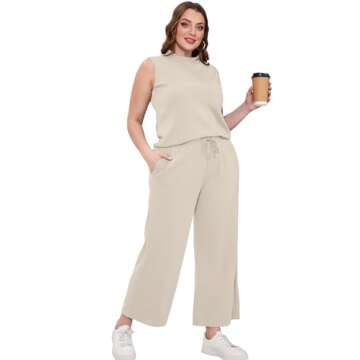 SAMPEEL Lounge Set for Women 2 Piece Spring Outfits 2024 Travel Clothing Summer Business Casual Outfits Sleeveless Wide Leg Crop Pants Sets Matching Sets Women Clothing Khaki S