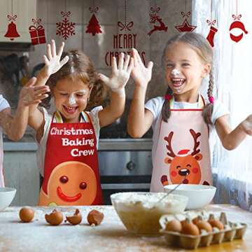 4 Pieces Kids Christmas Apron Cute Children Chef Apron Adjustable Kids Aprons for Girls Boys Toddler Snowman Deer Gingerbread Santa Apron for Kitchen Cooking Baking Crafting Painting Party Supplies