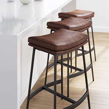 Nathan James Arlo Modern Backless Upholstered Kitchen Counter Bar Stool with Double-Layered Saddle Seat and Black Metal Base, Brown/Matte Black, Set of 2