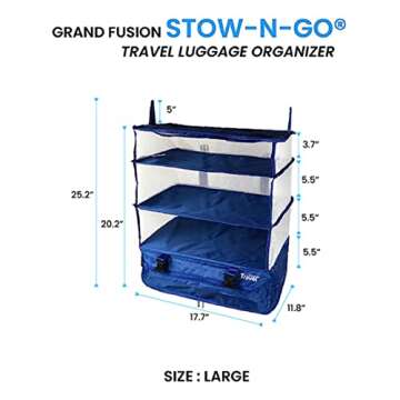 Grand Fusion Stow-N-Go Portable Hanging Travel Shelves, Packing Organizer for Luggage. Carry on Closet for Clothes. Expandable Packing Cube. Travel Essentials. (Blue - XL, XL = (L) 17.7" x (W) 11.8")