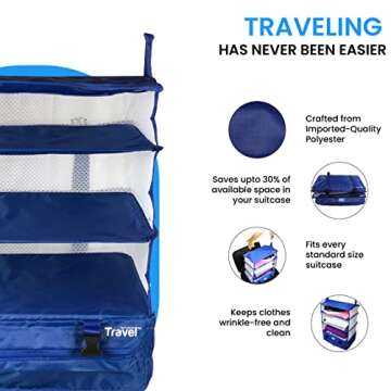 Grand Fusion Stow-N-Go Portable Hanging Travel Shelves, Packing Organizer for Luggage. Carry on Closet for Clothes. Expandable Packing Cube. Travel Essentials. (Blue - XL, XL = (L) 17.7" x (W) 11.8")