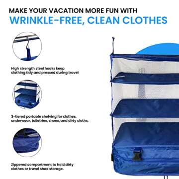 Grand Fusion Stow-N-Go Portable Hanging Travel Shelves, Packing Organizer for Luggage. Carry on Closet for Clothes. Expandable Packing Cube. Travel Essentials. (Blue - XL, XL = (L) 17.7" x (W) 11.8")