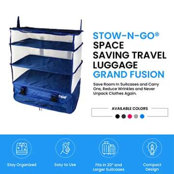 Grand Fusion Stow-N-Go Portable Hanging Travel Shelves, Packing Organizer for Luggage. Carry on Closet for Clothes. Expandable Packing Cube. Travel Essentials. (Blue - XL, XL = (L) 17.7" x (W) 11.8")