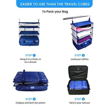 Grand Fusion Stow-N-Go Portable Hanging Travel Shelves, Packing Organizer for Luggage. Carry on Closet for Clothes. Expandable Packing Cube. Travel Essentials. (Blue - XL, XL = (L) 17.7" x (W) 11.8")