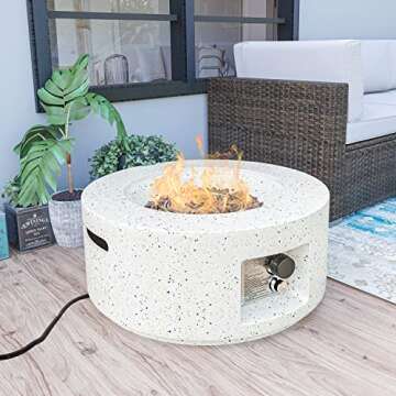 HOMPUS Outdoor Propane Fire Pit, 40,000 BTU 28-inch Round White Terrazzo Concrete Fire Table Gas Fire Pit w Lava Rocks and Rain Cover for Outdoor, Deck or Backyard