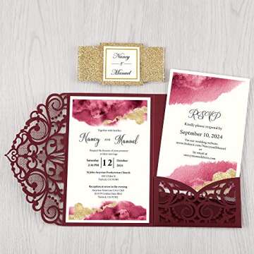 DORIS HOME 50PCS Laser Cut Wedding Invitations with Envelopes and RSVP Cards BLANK Inner With Gold Glitter Belly Band for Wedding Engagement Bridal Shower Party Invite 4.7x7 Inch Burgundy