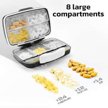 Travel Pill Organizer - Airtight Medicine Case for Traveling Portable Pharmacy Box with Labels Vitamin Container 8 Compartment Supplement Medication Holder Large Capacity Daily (Black)