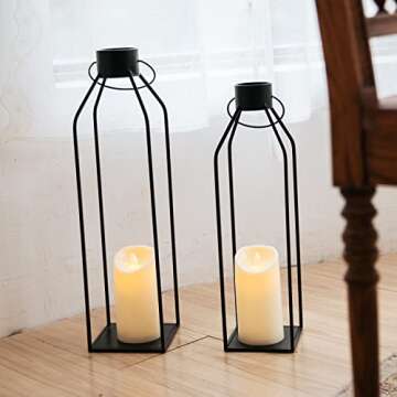 HPC Decor 22'' 19'' Lanterns Decorative w/Flickering Timer Candles- Large Tall Black Metal Candle Lanterns Set of 2- Modern Farmhouse Lanterns Decor for Indoor,Outdoor,Tabletop,Porch (No Glass)