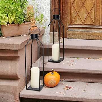 HPC Decor 22'' 19'' Lanterns Decorative w/Flickering Timer Candles- Large Tall Black Metal Candle Lanterns Set of 2- Modern Farmhouse Lanterns Decor for Indoor,Outdoor,Tabletop,Porch (No Glass)