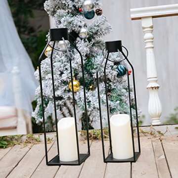 HPC Decor 22'' 19'' Lanterns Decorative w/Flickering Timer Candles- Large Tall Black Metal Candle Lanterns Set of 2- Modern Farmhouse Lanterns Decor for Indoor,Outdoor,Tabletop,Porch (No Glass)