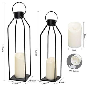 HPC Decor 22'' 19'' Lanterns Decorative w/Flickering Timer Candles- Large Tall Black Metal Candle Lanterns Set of 2- Modern Farmhouse Lanterns Decor for Indoor,Outdoor,Tabletop,Porch (No Glass)