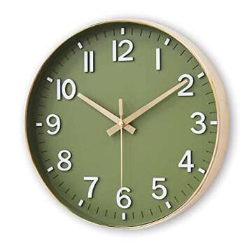 HZDHCLH Wall Clocks Battery Operated,12 inch Silent Non Ticking Modern Wall Clock for Living Room Bedroom Kitchen Office Classroom Decor (Olive Green and Gold)