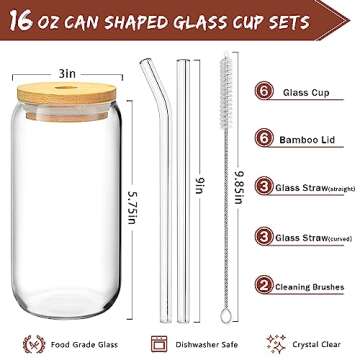 6 Pcs Drinking Glasses with Bamboo Lids and Glass Straw - 16 Oz Can Shaped Glass Cups for Beer, Ice Coffee, Cute Tumbler Cup Great for Soda Boba Tea Cocktail Include 2 Cleaning Brushes