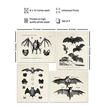 Bats Wall Decor - Vintage Retro Hipster Goth Art, Home or Room Decoration - Gift for Gothic, Horror, Vampire Fans - 8x10 UNFRAMED Creepy Scary Anatomical Picture Poster Print Set