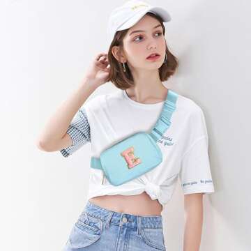 Gitus Belt Bag Fanny Pack Crossbody Bags with Initial Letter Patch Cute Stuff Birthday Gifts for Teenager Girls Trendy Preppy Stuff for Teen Girls Cool Stuff for Teens (Icing Blue-E)