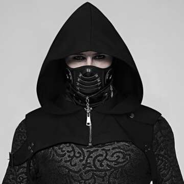 L'VOW Black Cyber-punk Rogue Cowl Hat for Men Women Medieval Gothic Hooded Cape for Halloween Unisex Cosplay Costume Dress Up Daily Wear(Soft Cloth Fabric)