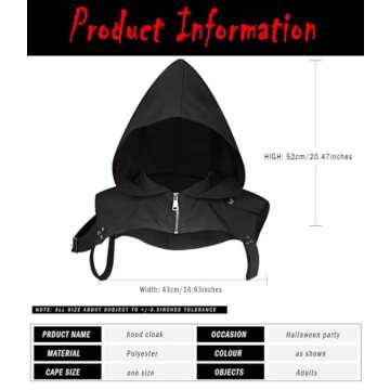 L'VOW Black Cyber-punk Rogue Cowl Hat for Men Women Medieval Gothic Hooded Cape for Halloween Unisex Cosplay Costume Dress Up Daily Wear(Soft Cloth Fabric)