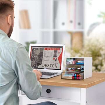 Desk Organizer with 5 Drawers, Rectangular Office Stationery Supplies Desktop Drawers, Plastic Makeup Storage, Suitable for Office, School, Home (White & 5 Drawers)