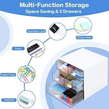 Desk Organizer with 5 Drawers, Rectangular Office Stationery Supplies Desktop Drawers, Plastic Makeup Storage, Suitable for Office, School, Home (White & 5 Drawers)