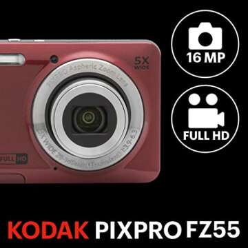 KODAK PIXPRO FZ55-RD 16MP Digital Camera 5X Optical Zoom 28mm Wide Angle 1080P Full HD Video 2.7" LCD Vlogging Camera (Red) Packaging May Vary