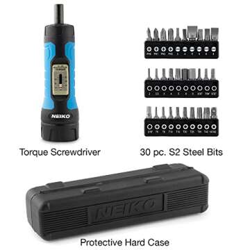 Neiko 10574A 1/4” Drive Torque Wrench Screwdriver Set | 30 Pieces of S2 Steel Philips, Hex, Slotted, and Torx Bits | 10 to 60 Inch-Pounds Torque Adjustment Range | Firearms Accurizing and Gunsmithing