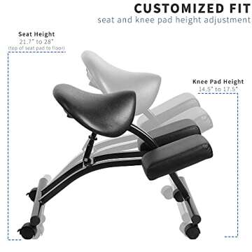 VIVO Saddle Seat Kneeling Chair with Wheels, Adjustable Ergonomic Stool for Home and Office, Mobile Angled Posture Seat, Steel Frame, Black Padding, CHAIR-K07SD