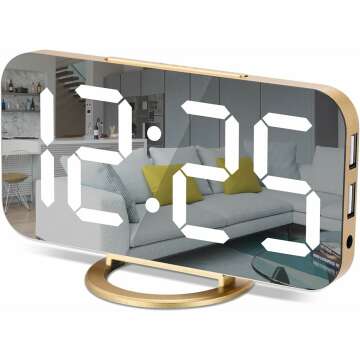 Digital Alarm Clock,7 in LED Mirrored Clocks Large Display,with 2 USB Charger Ports,Auto Dim,Night Mode,Modern Desktop Electronic Clocks for Bedroom Home Office Decor - Gold