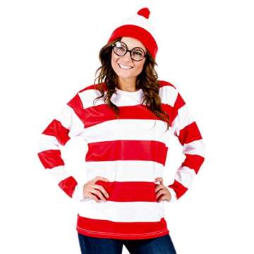 Where's Waldo Longe Sleeve Shirt, Glasses, and Hat DELUXE Cosplay Halloween Costume Set