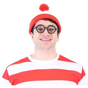 Where's Waldo Longe Sleeve Shirt, Glasses, and Hat DELUXE Cosplay Halloween Costume Set