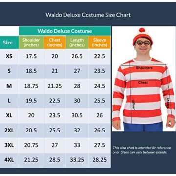 Where's Waldo Longe Sleeve Shirt, Glasses, and Hat DELUXE Cosplay Halloween Costume Set