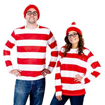 Where's Waldo Longe Sleeve Shirt, Glasses, and Hat DELUXE Cosplay Halloween Costume Set