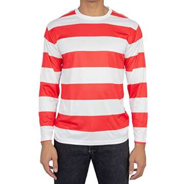 Where's Waldo Longe Sleeve Shirt, Glasses, and Hat DELUXE Cosplay Halloween Costume Set