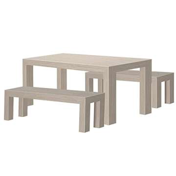 Plank+Beam Modern Wood Dining Table Set, Solid Wood Dining Table with 2 Benches for Dining Room/Kitchen, Seashell Wirebrush