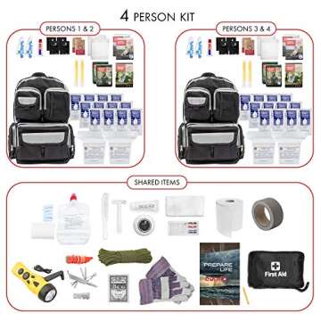 Emergency Zone Urban Survival Bug Out Bag - 4 Person | Bugout Backpack Survival Kit w/Emergency Food Supply, Survival Gear and Supplies for Disasters