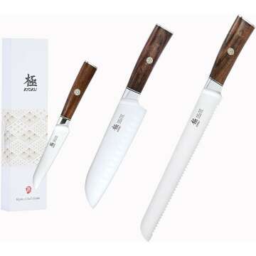 KYOKU Daimyo Series 4.5" Paring Knife + 7" Santoku Knife + 10'' Bread Knife - Japanese 440C Stainless Steel - Rosewood Handle